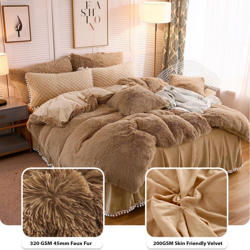 LIFEREVO Luxury Plush Shaggy Duvet Cover Set, Soft Velvet Fluffy Furry Duvet Cover Set(1 Faux Fur Fuzzy Comforter Cover + 2 Pom Poms Pillow Cases) Solid Bedding Set, Zipper Closure(Full/Queen, Camel) - Image 5
